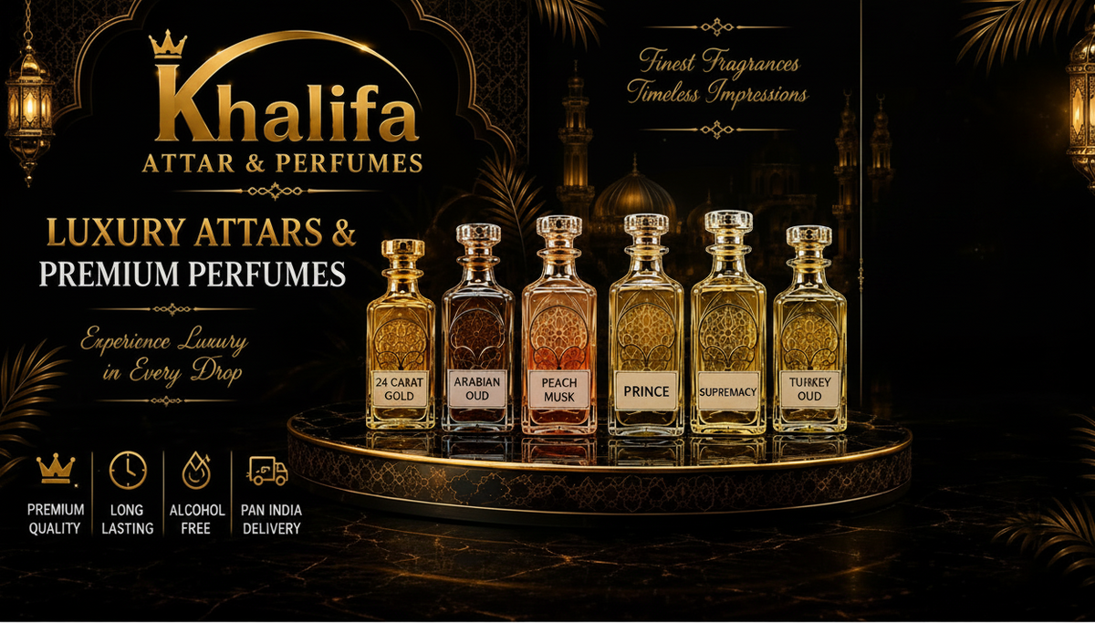 Six glass perfume bottles with gold-embossed labels are displayed on a reflective round pedestal against a dark luxurious background. The brand name 'Khalifa Attar & Perfumes' is prominently shown in gold lettering at the top left, with product names including St.